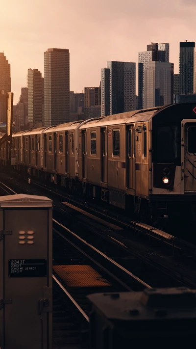 Hora do rush: Trem do metrô de Nova York deslizando pela paisagem urbana de arranha-céus