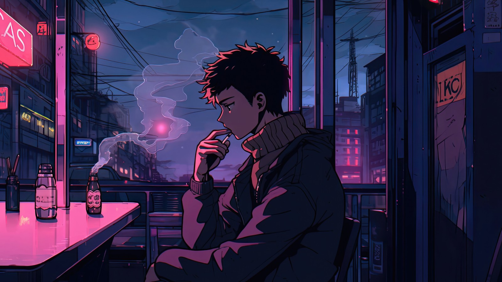 Anime, arte anime, chico anime, noche, ciudad, calle, luces de la ciudad, paisaje urbano (chico lofi, 5k, estilo retro, soledad, luz de neón)