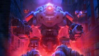 Robot nazi futurista en un paisaje urbano infundido de neón de Wolfenstein: Youngblood