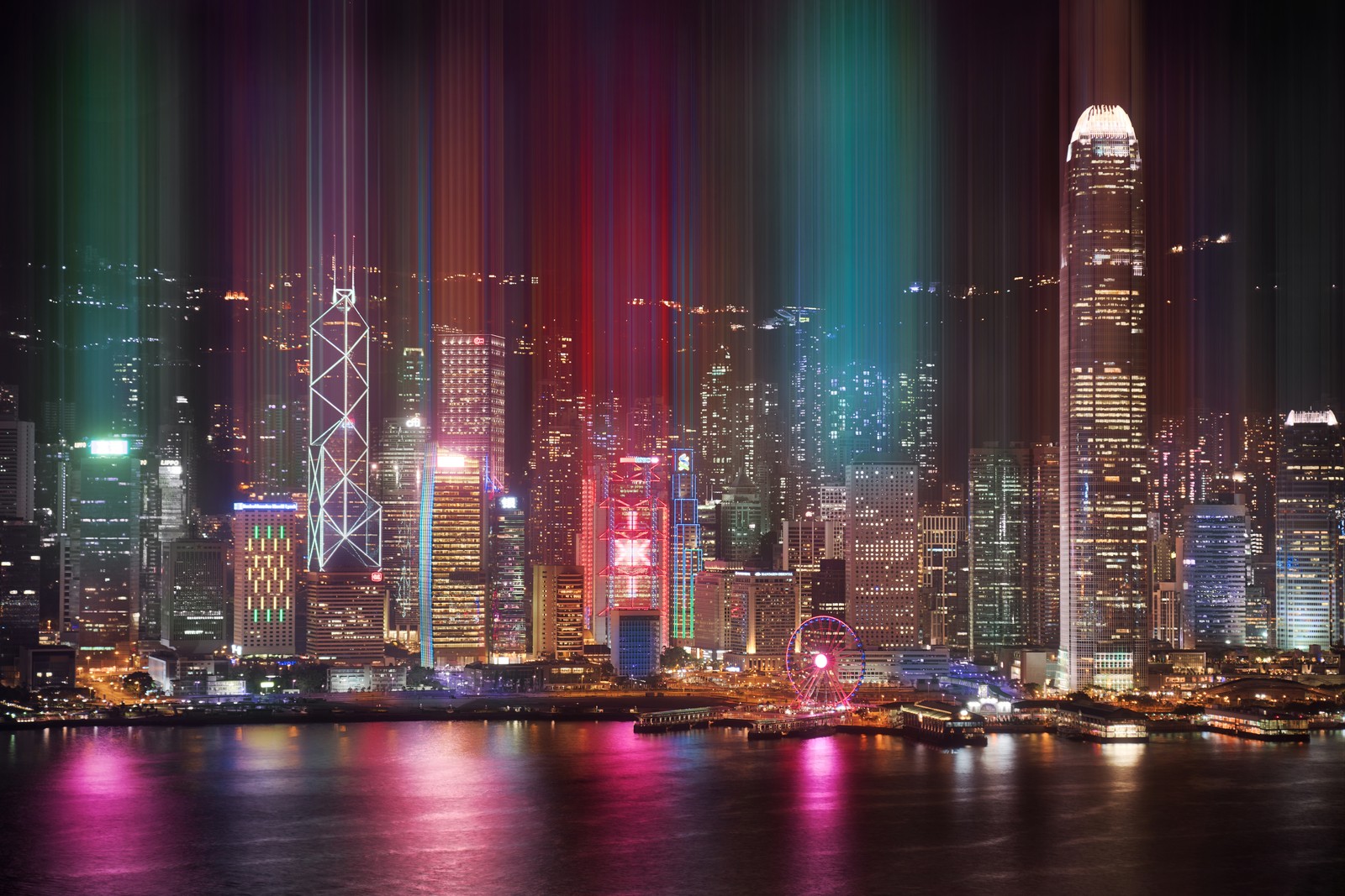 Une silhouette de ville éclairée la nuit avec un arc-en-ciel de lumières (hong kong, 8k, paysage urbain, kowloon, architecture moderne)