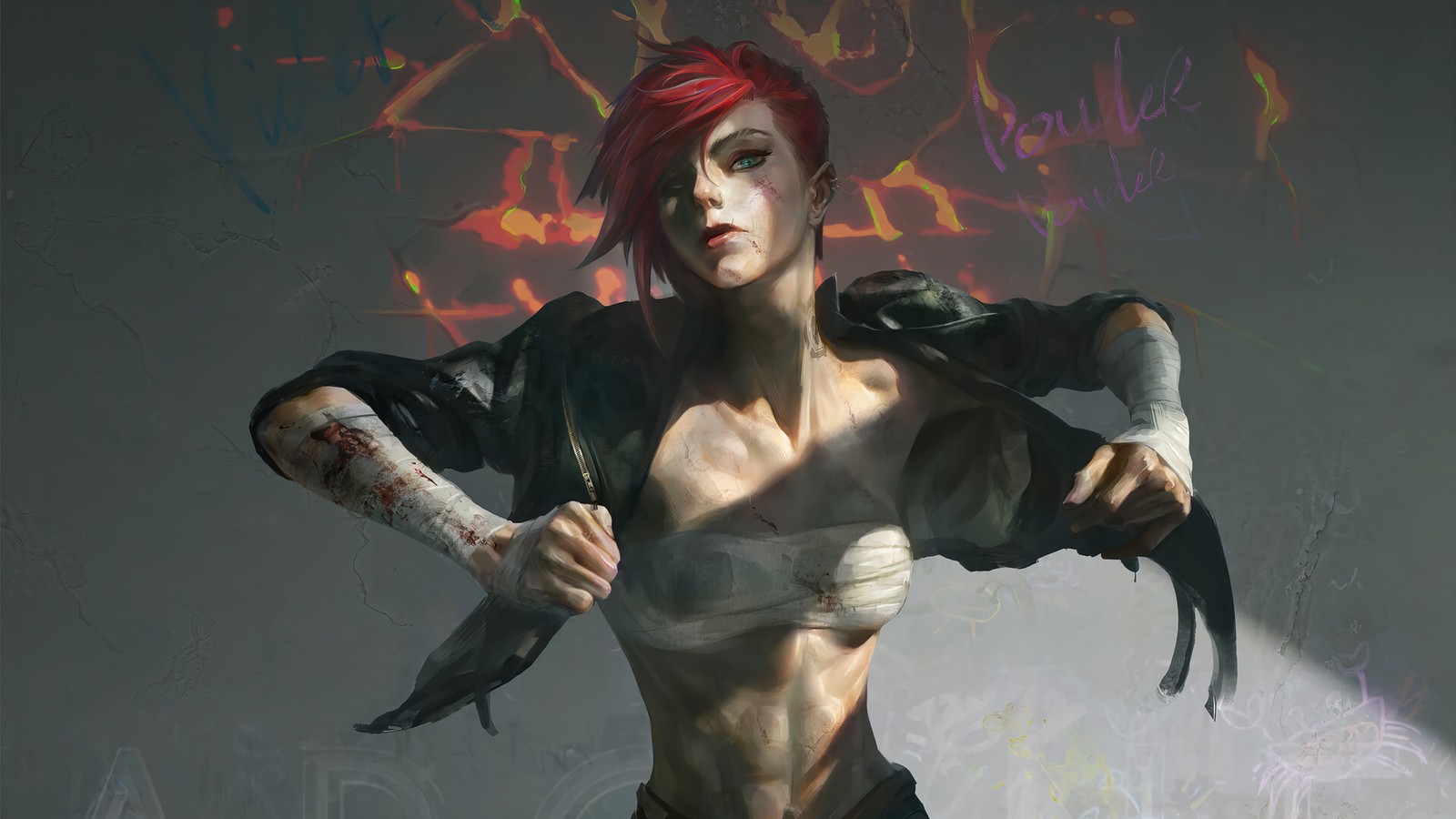 A close up of a woman with red hair holding a knife (arcane series, netflix, tv series, arcane, vi)