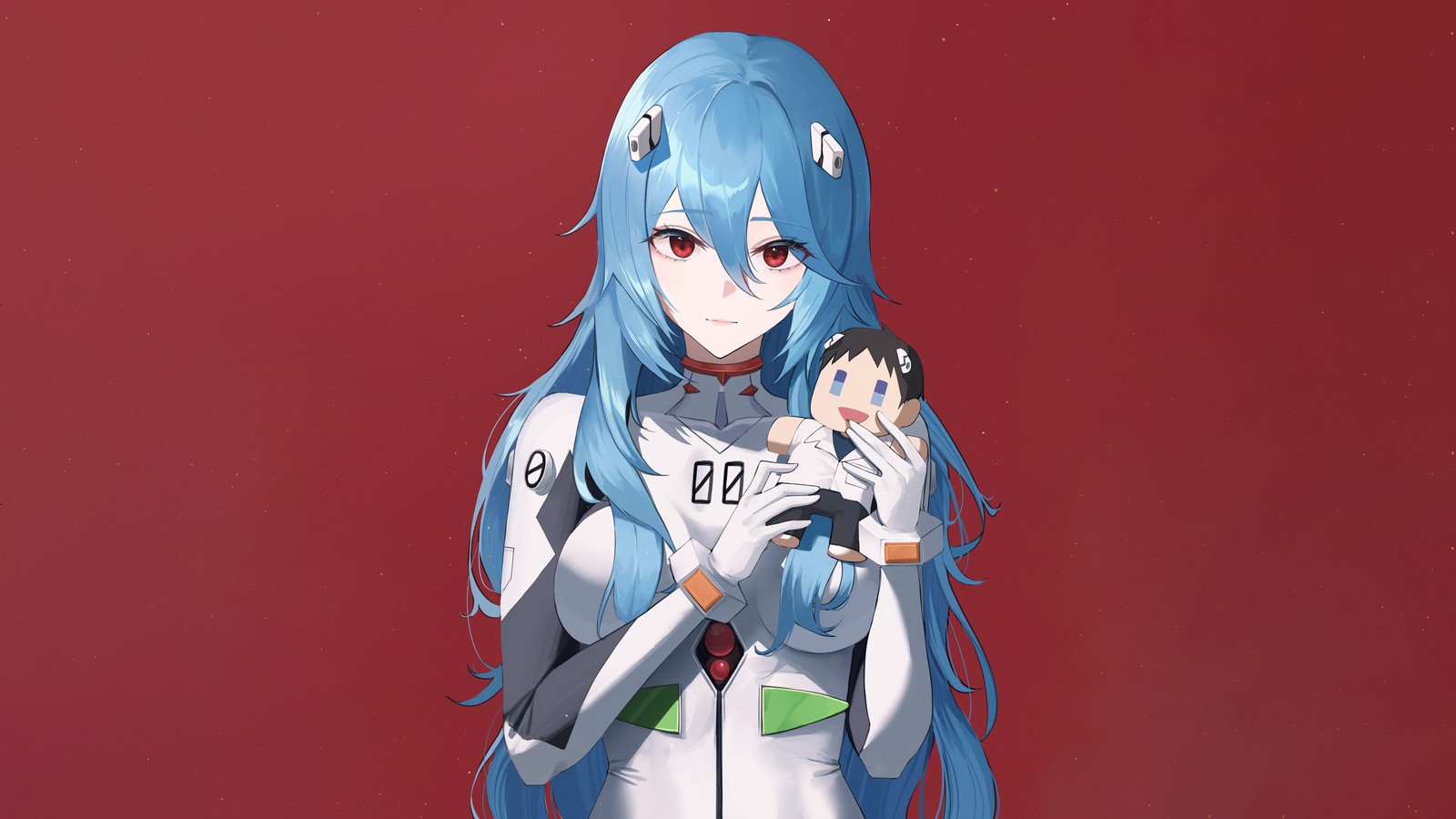 Chica anime con cabello azul y cuerpo blanco sosteniendo una muñeca (chica de anime, rei ayanami, neon genesis evangelion, fondo rojo, 5k)