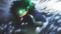 Izuku Midoriya unleashes his power, surrounded by a dynamic burst of energy.