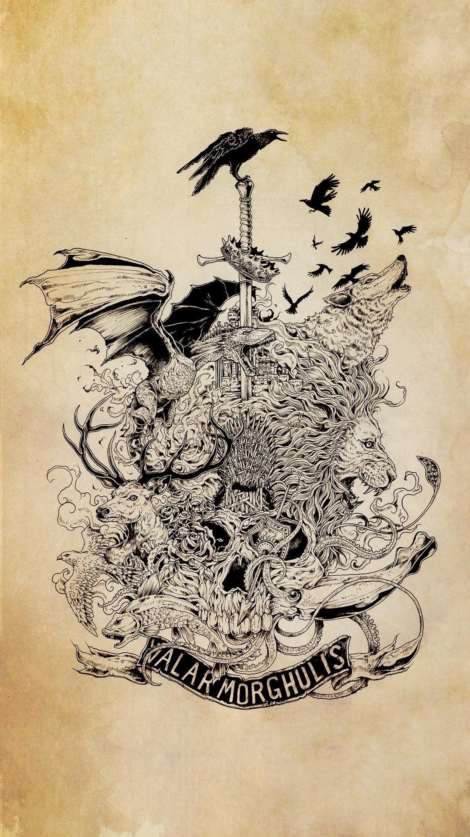 A close up of a drawing of a bird on a skull (art, drawing, a song of ice and fire, idea, poster)