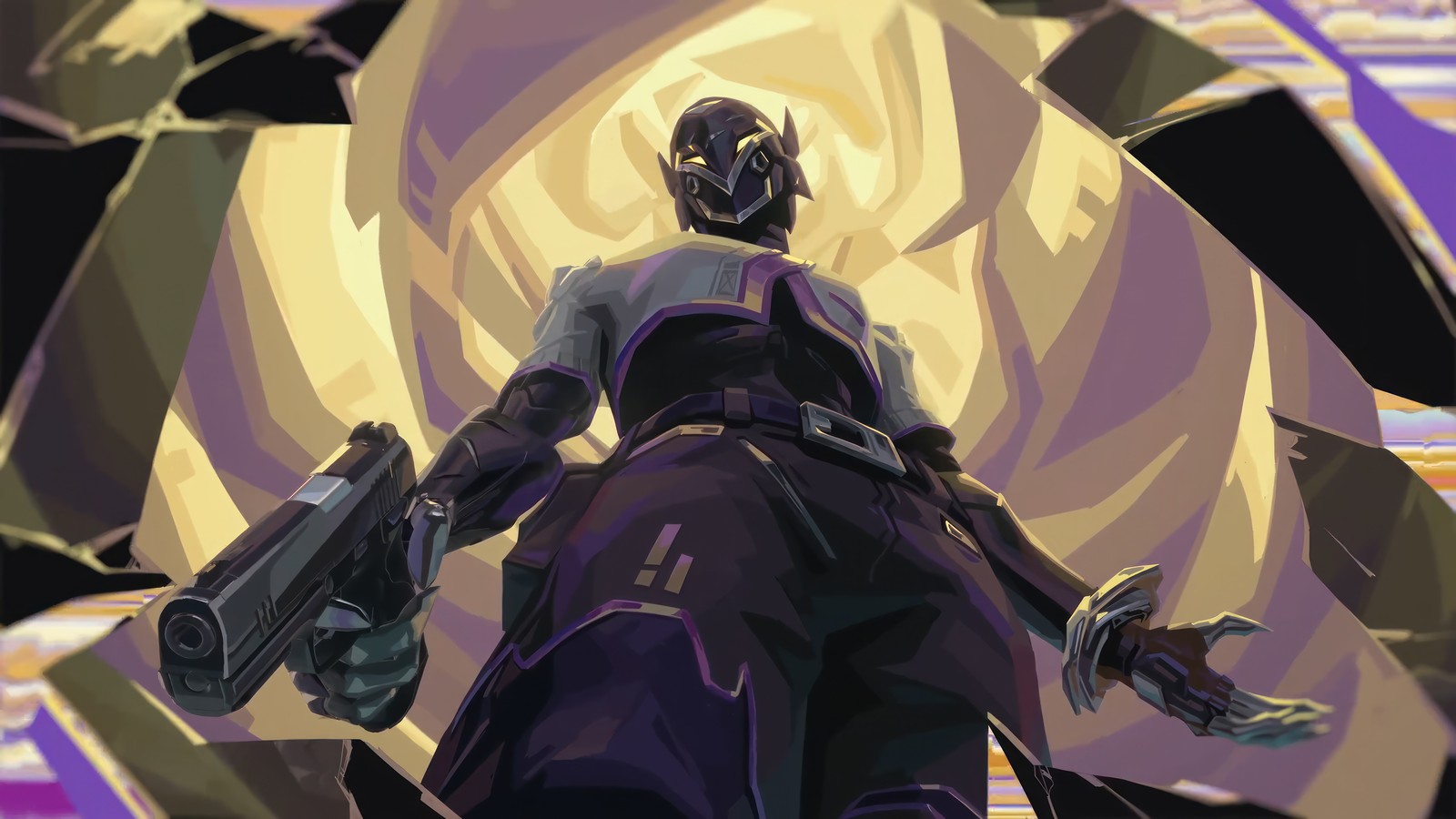 A close up of a person holding a gun in a purple and yellow background (vyse, valorant, video game)