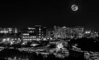 Moonlit Urban Skyline: A Black and White Metropolis at Night