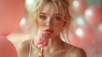 beautiful, girls, ice cream, blonde, glasses wallpaper