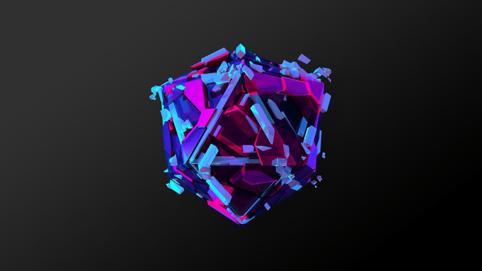 A close up of a purple and blue crystal cube on a black background (digital art, abstract)