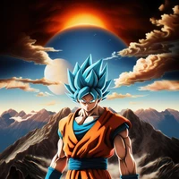 Goku na forma de Super Saiyajin Azul contra um fundo dramático de pôr do sol