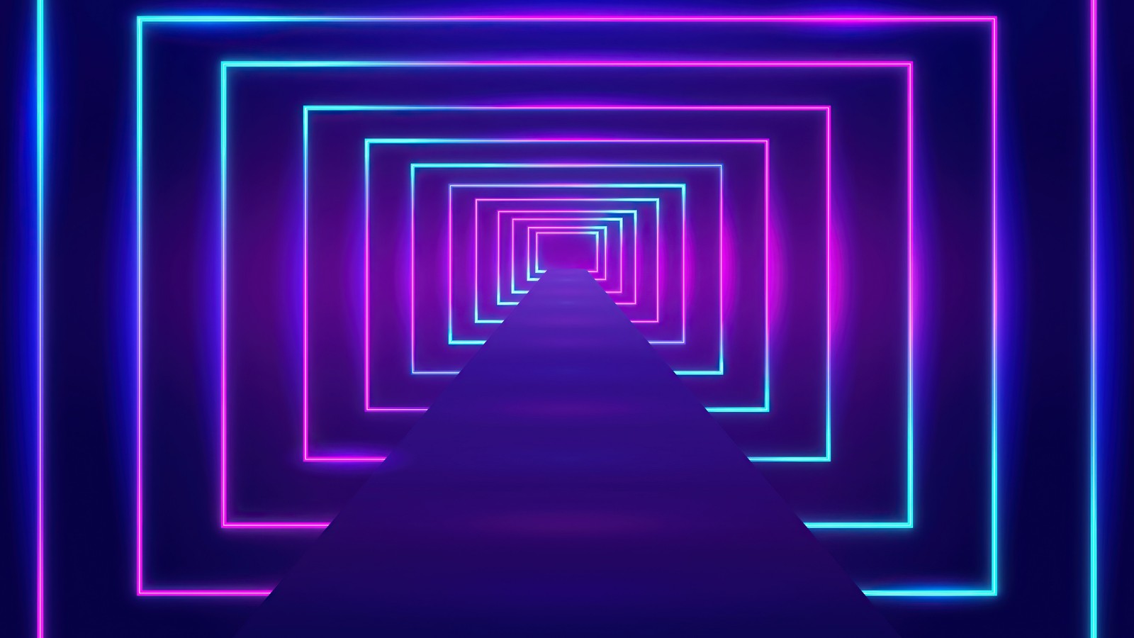 A dark corridor with neon lights and a long corridor (optical illusion, abstract art, illusion, blue, purple)