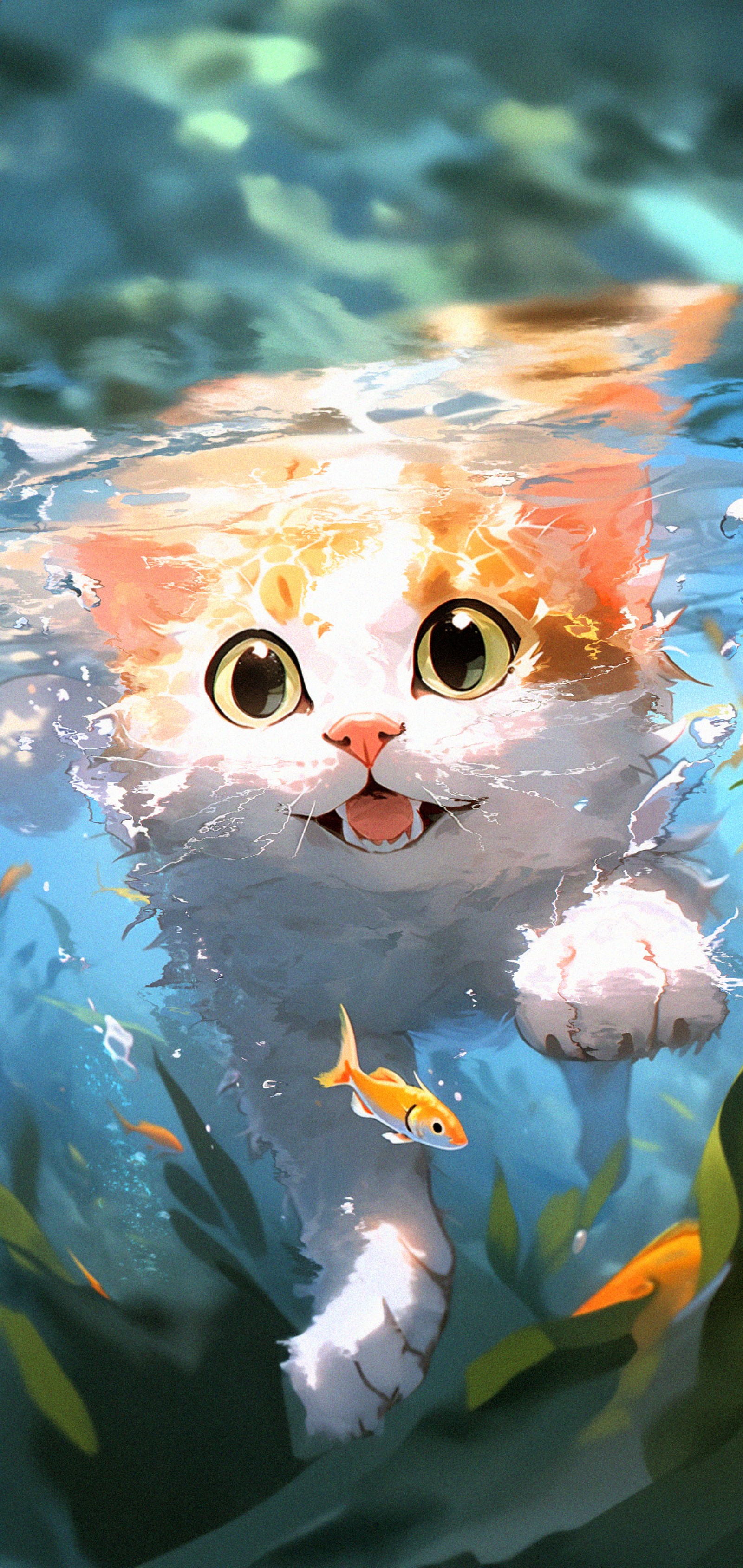 Gemälde einer katze im wasser mit fischen um sie herum (gato, aquarium, felidae, kätzchen, getigerte katze)