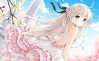 Charming chibi girl with long, flowing hair and a pink dress, surrounded by blooming flowers and a bright blue sky.