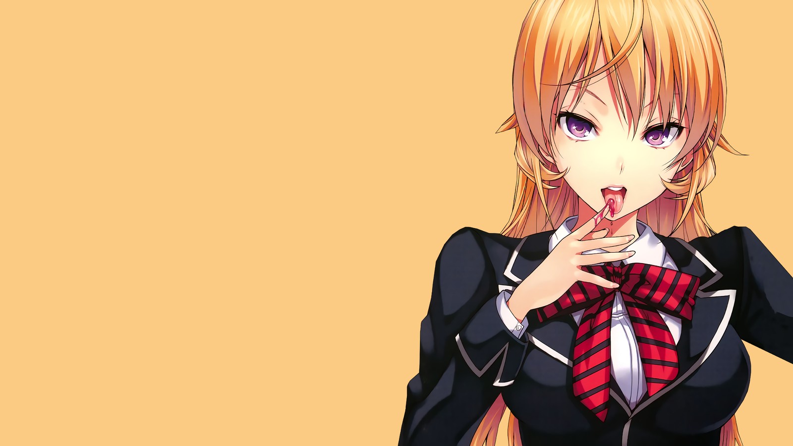 Anime, chica de anime, rubia, traje negro, corbata roja, fondo amarillo, papel de parede, (erina nakiri, guerras de comida, shokugeki no soma, 食戟のソーマ, anime)