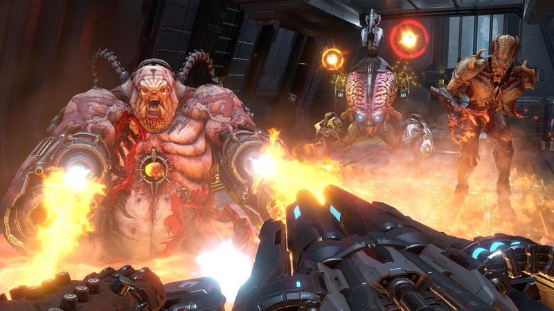 Группа зомби в комнате с огнем, исходящим от них (doom eternal, видеоигра, монстр)