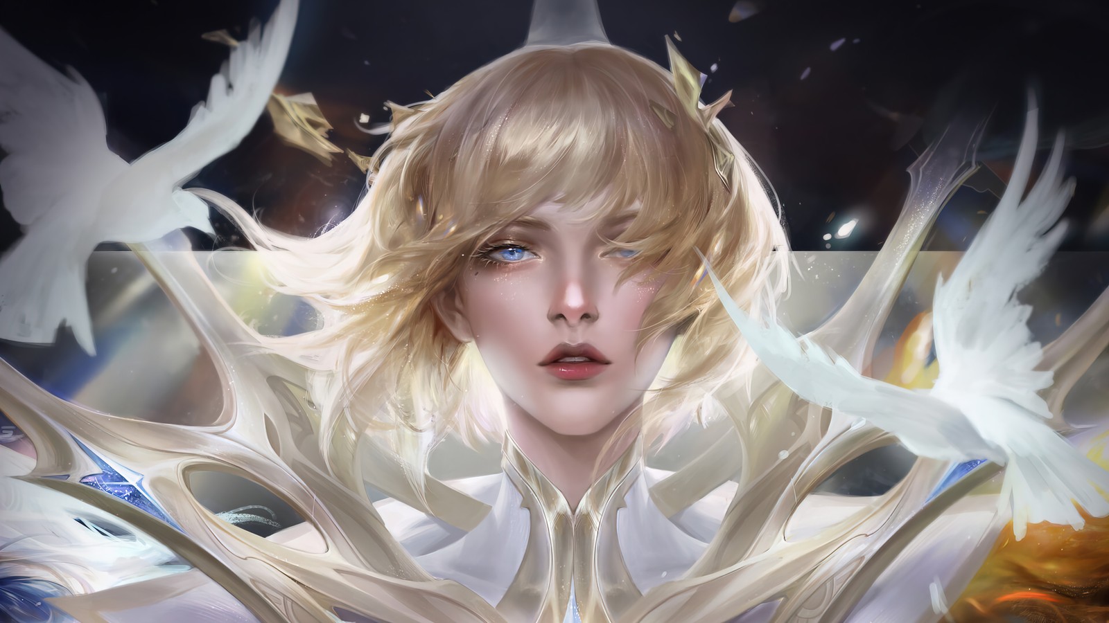 A close up of a woman with a bird on her shoulder (elementalist, lux, lol, league of legends, video game)