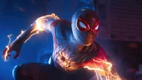 Miles Morales in electrifying action from Insomniac's Marvel Spider-Man on PlayStation 5.