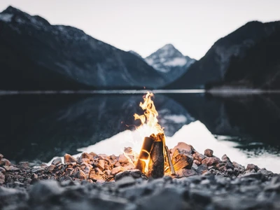 fire, rock, reflection, landscape painting, water