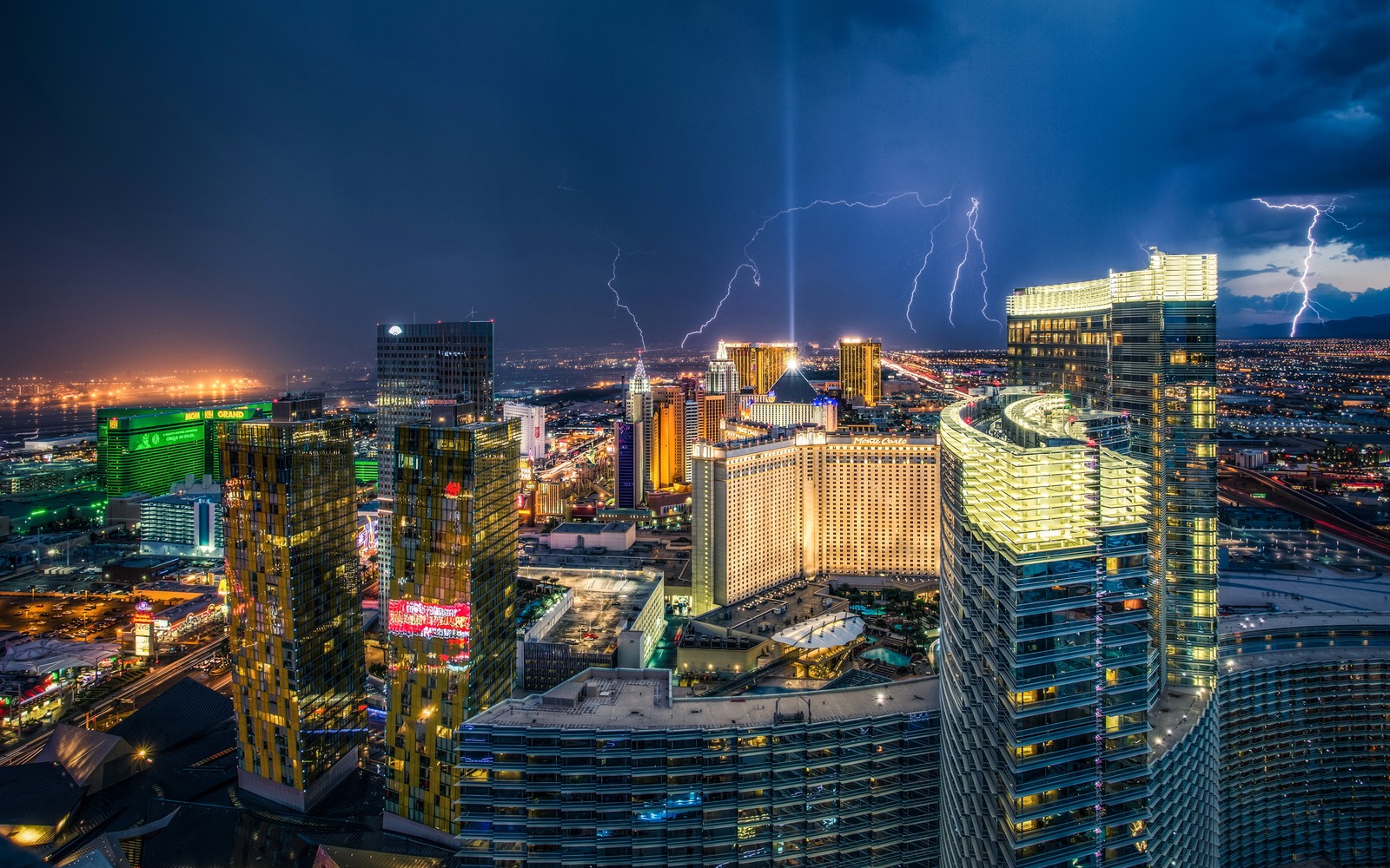 A lightning storm over the las strip at night (cityscape, urban area, city, metropolis, skyline)