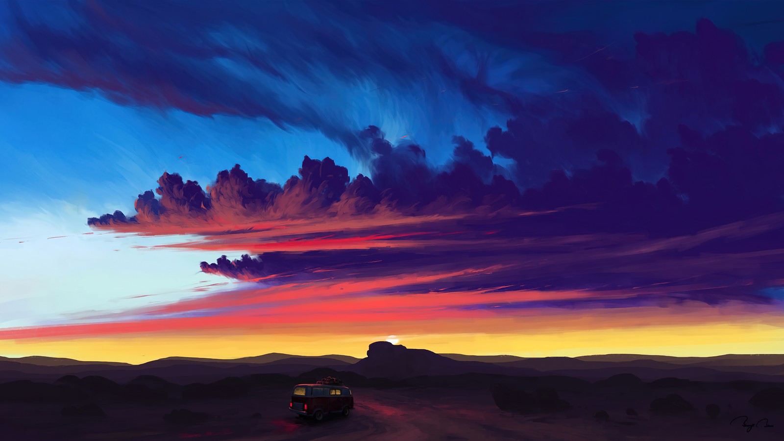 Una pintura de un camión conduciendo por un camino de tierra bajo un cielo nublado (amanecer, nubes, cielo, escenario, paisaje)