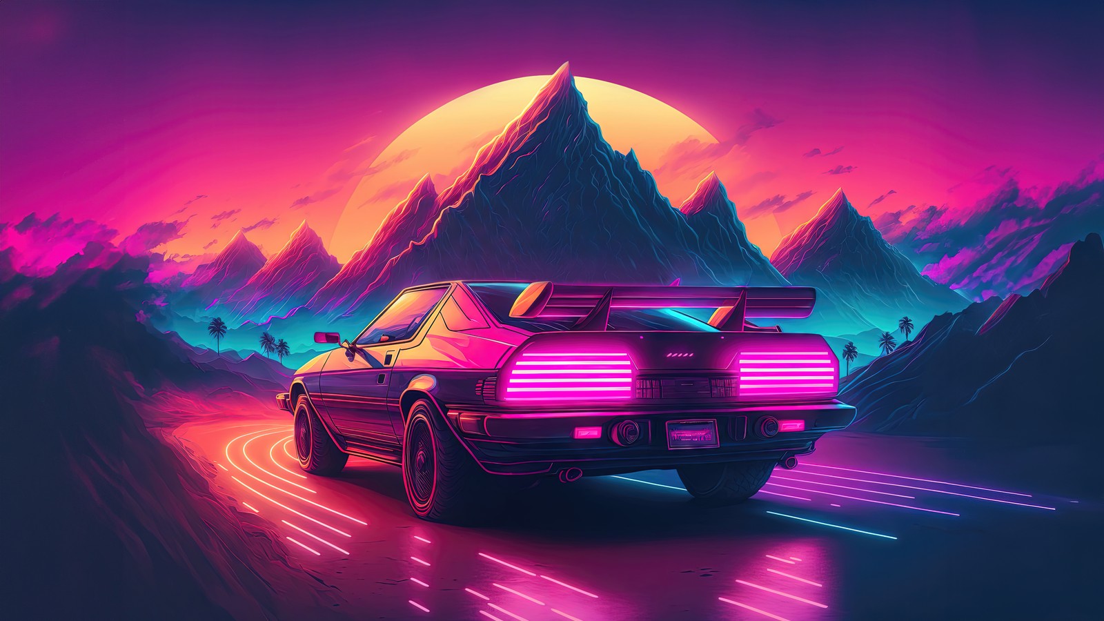 Un coche conduciendo por una carretera con montañas de fondo (outrun, arte de ia, ai art, neón, retrowave)