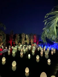 Huevos iluminados reflejándose en un oasis de medianoche en Singapur