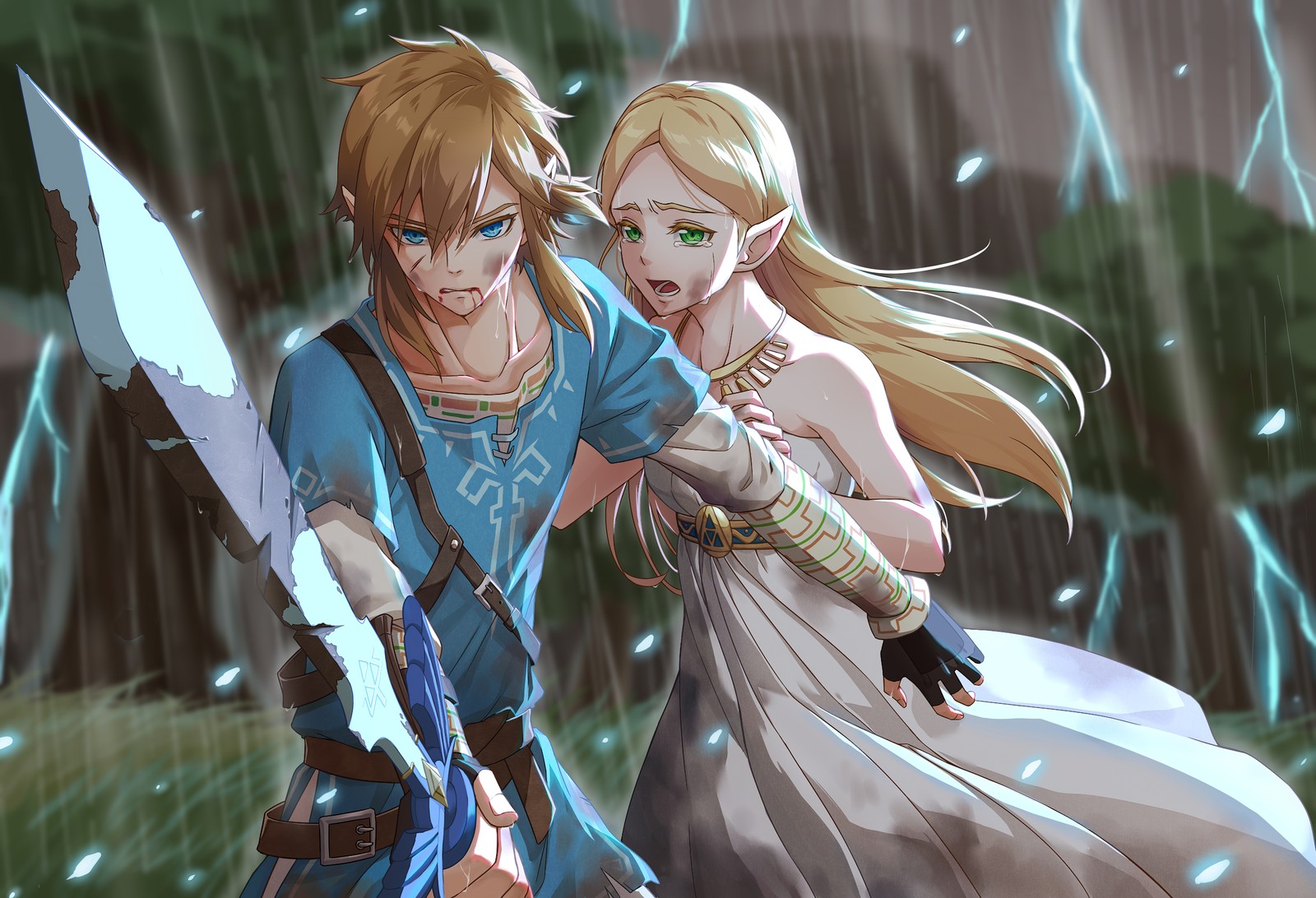 A couple of people standing next to each other in the rain (cartoon, the legend of zelda, princess zelda, brown hair, illustration)