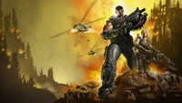 Escena de batalla épica con Marcus Fenix de Gears of War