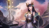 Irelia empunhando a Espada Divina, incorporando elegância e força em uma paisagem fantástica.