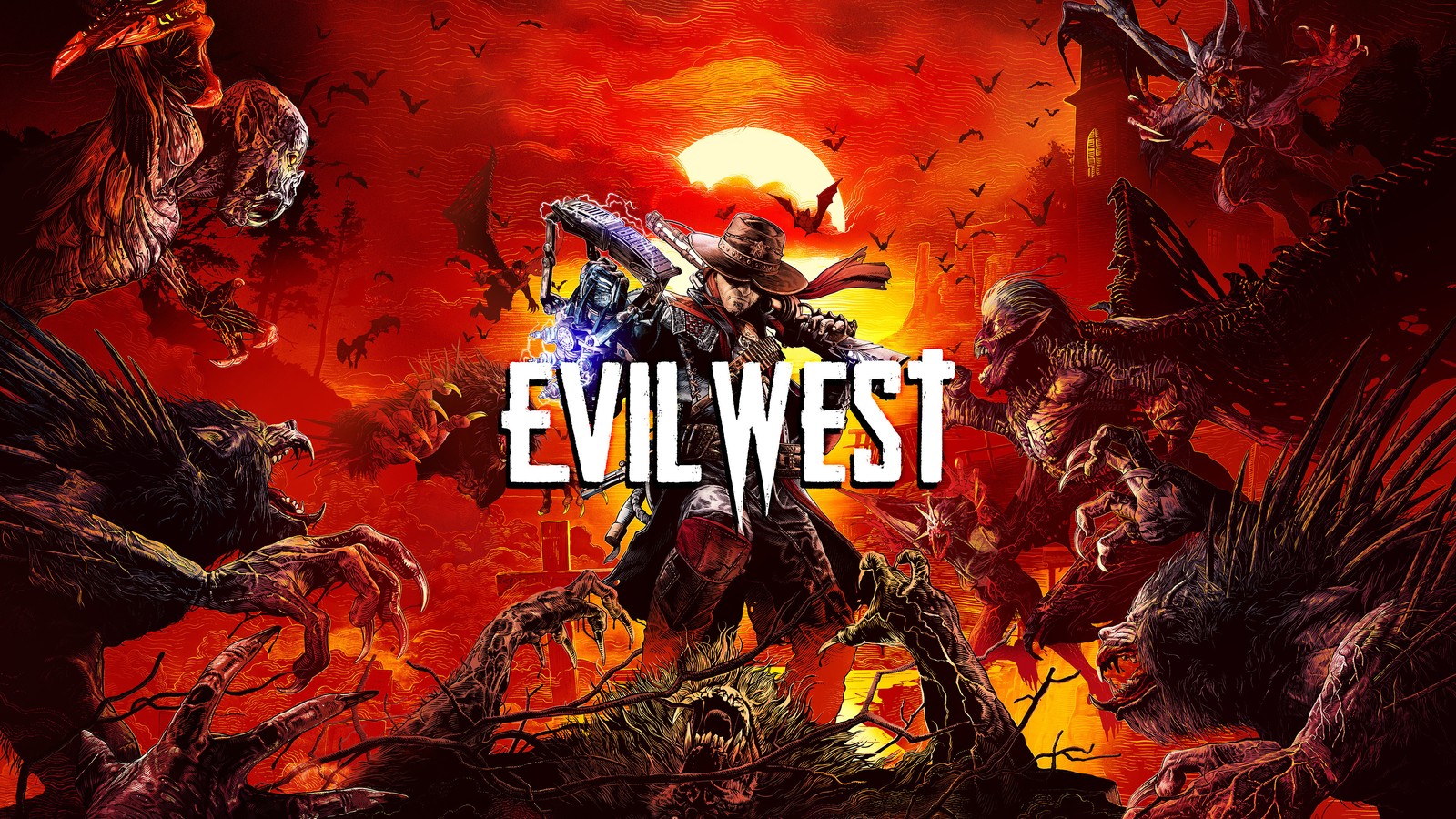 Логотип evil west с зомби вокруг него (злой запад, видеоигра)