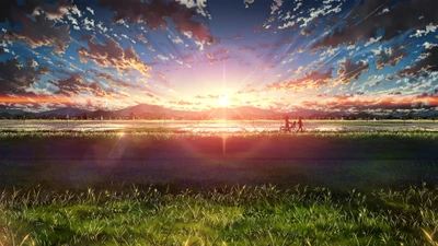 anime, lever de soleil, paysage, ciel, nuages