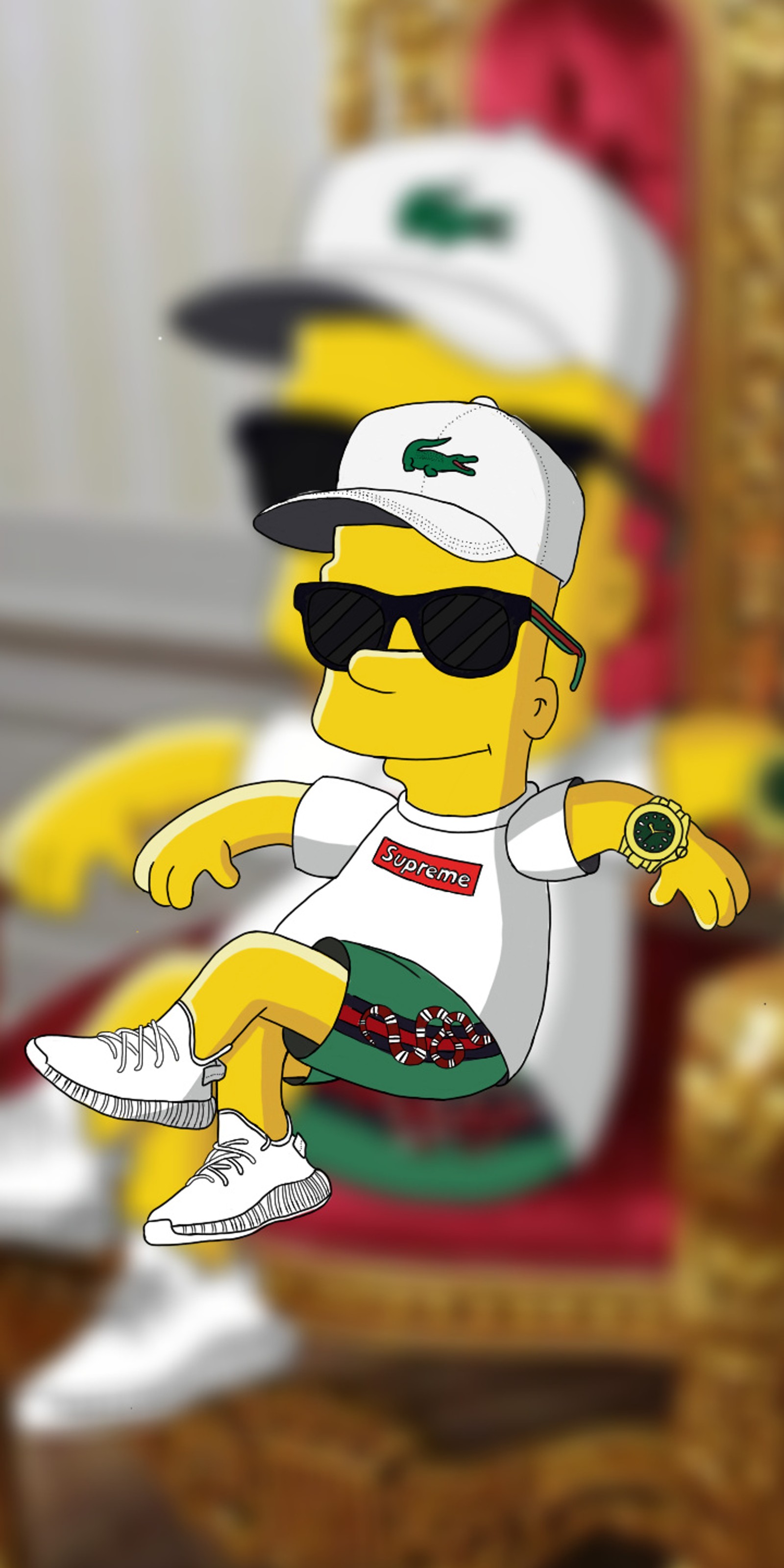 Os simpsons estão sentados em uma cadeira com um skate (bart moderno, bart simpson, desenho, desenhar, lacoste)