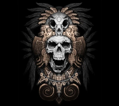 Diseño de calavera azteca con elementos de calavera y plumas