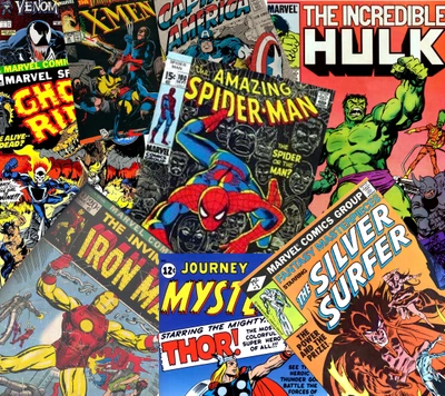 Ikonische Marvel-Comics mit Spider-Man, Hulk, Iron Man und mehr