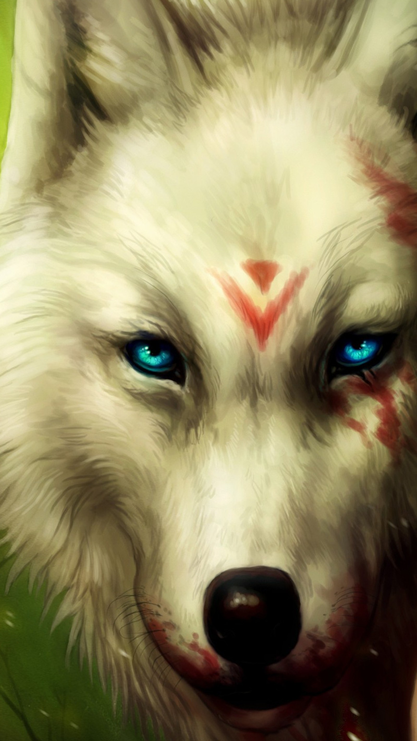 There is a white wolf with blue eyes and red markings (ghibli, miyazaki, princess mononoke, wolf)