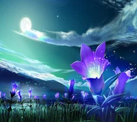 Enchanting Night Bloom: A Cosmic Landscape of Luminous Flowers Under the Moonlight