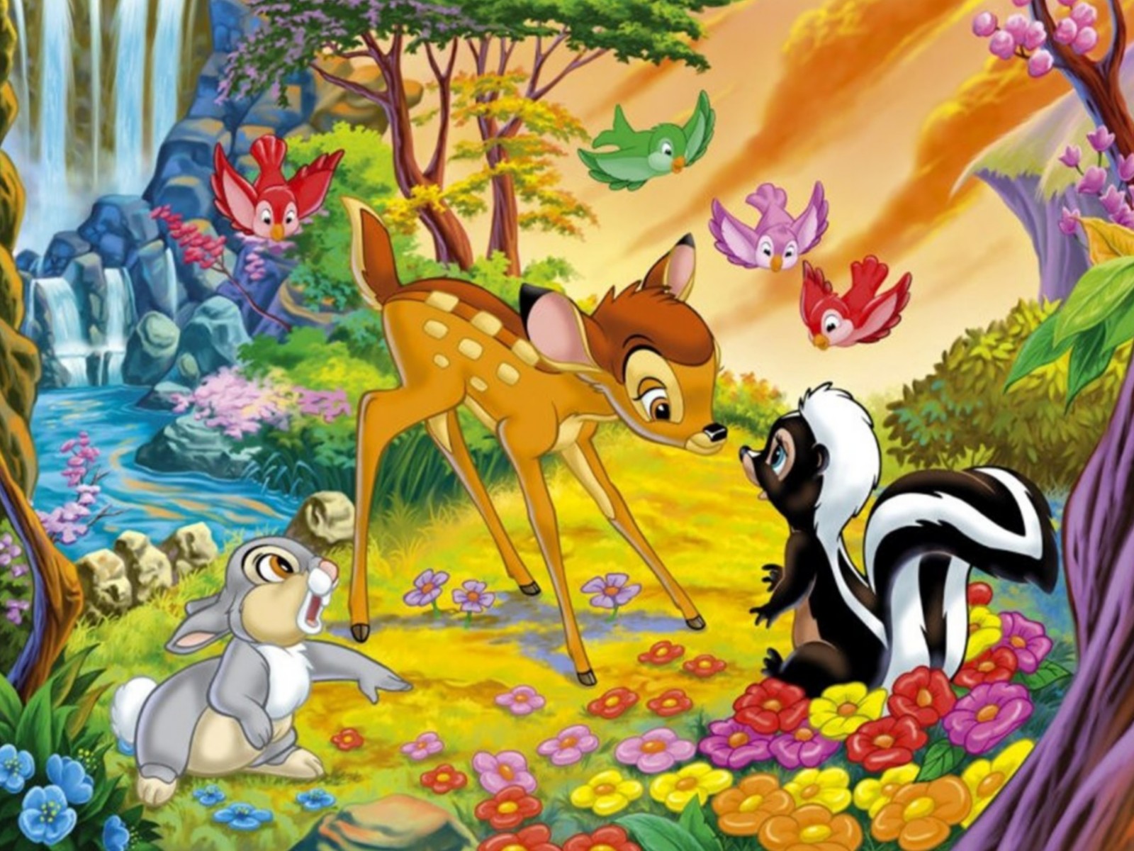 Una imagen de caricatura de un grupo de animales en un bosque (animales, bambi, colorido, lindo, disney)