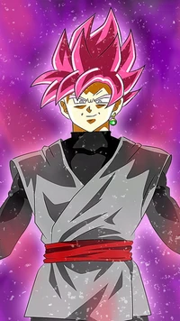 A powerful character with striking pink spiky hair and a confident stance, surrounded by a vibrant purple aura.