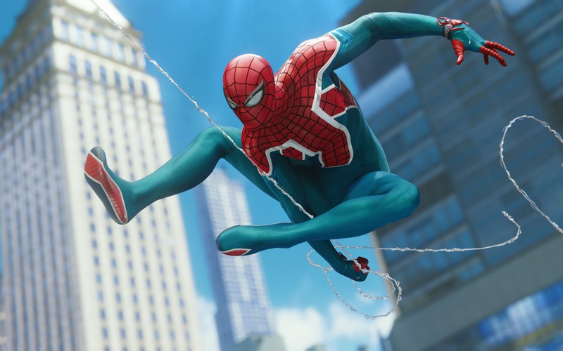 Человек-паук в синем костюме летит в воздухе (spider man, игры инсомниак, insomniac games, супергерой, мэри джейн уотсон)