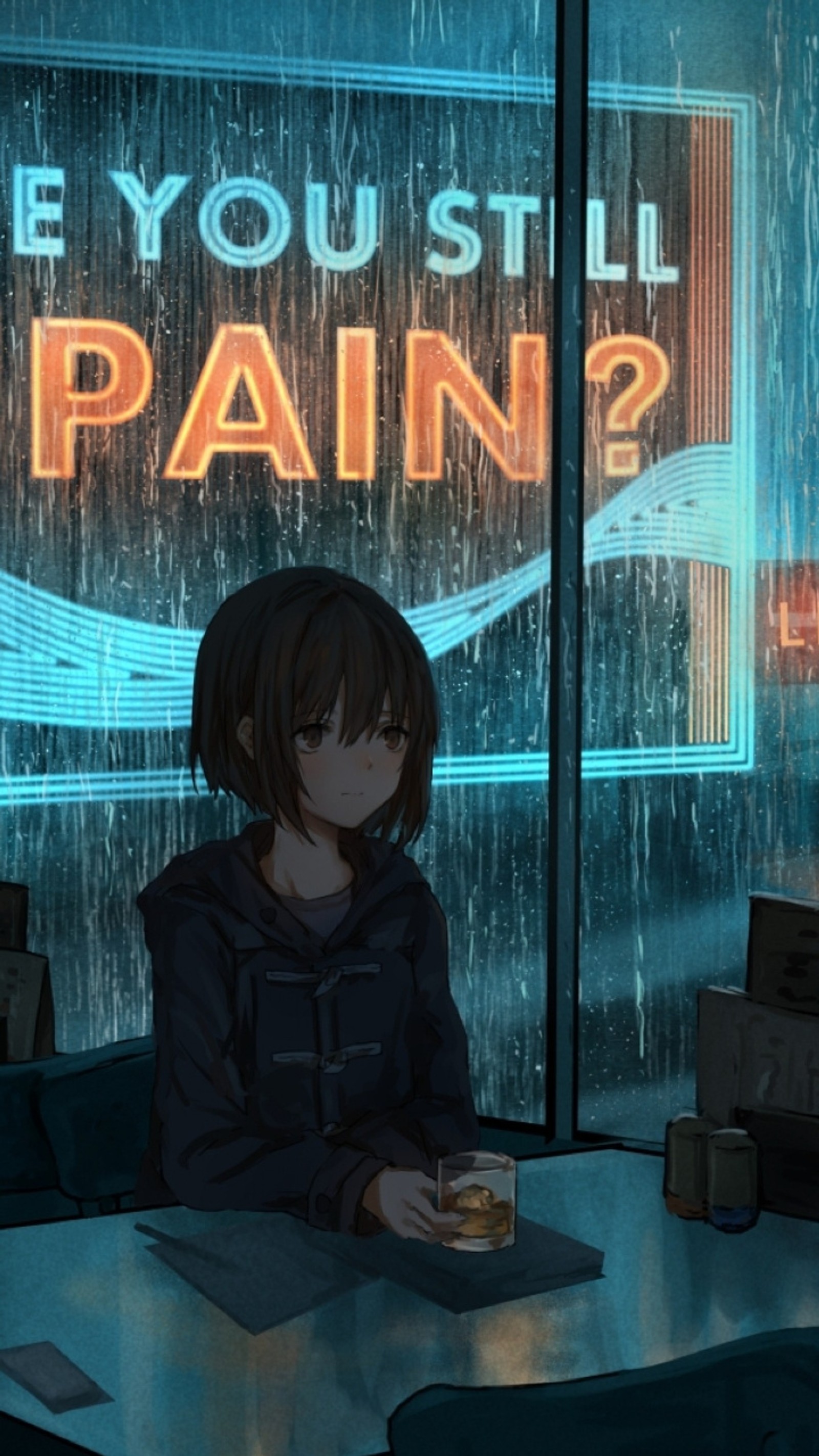 Anime girl sitting at a table with a sandwich in front of a window (anime, girl, hurt, pain, sad)