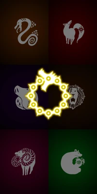 Símbolos que representan los Siete Pecados Capitales de "Nanatsu no Taizai" con un emblema brillante en el centro.