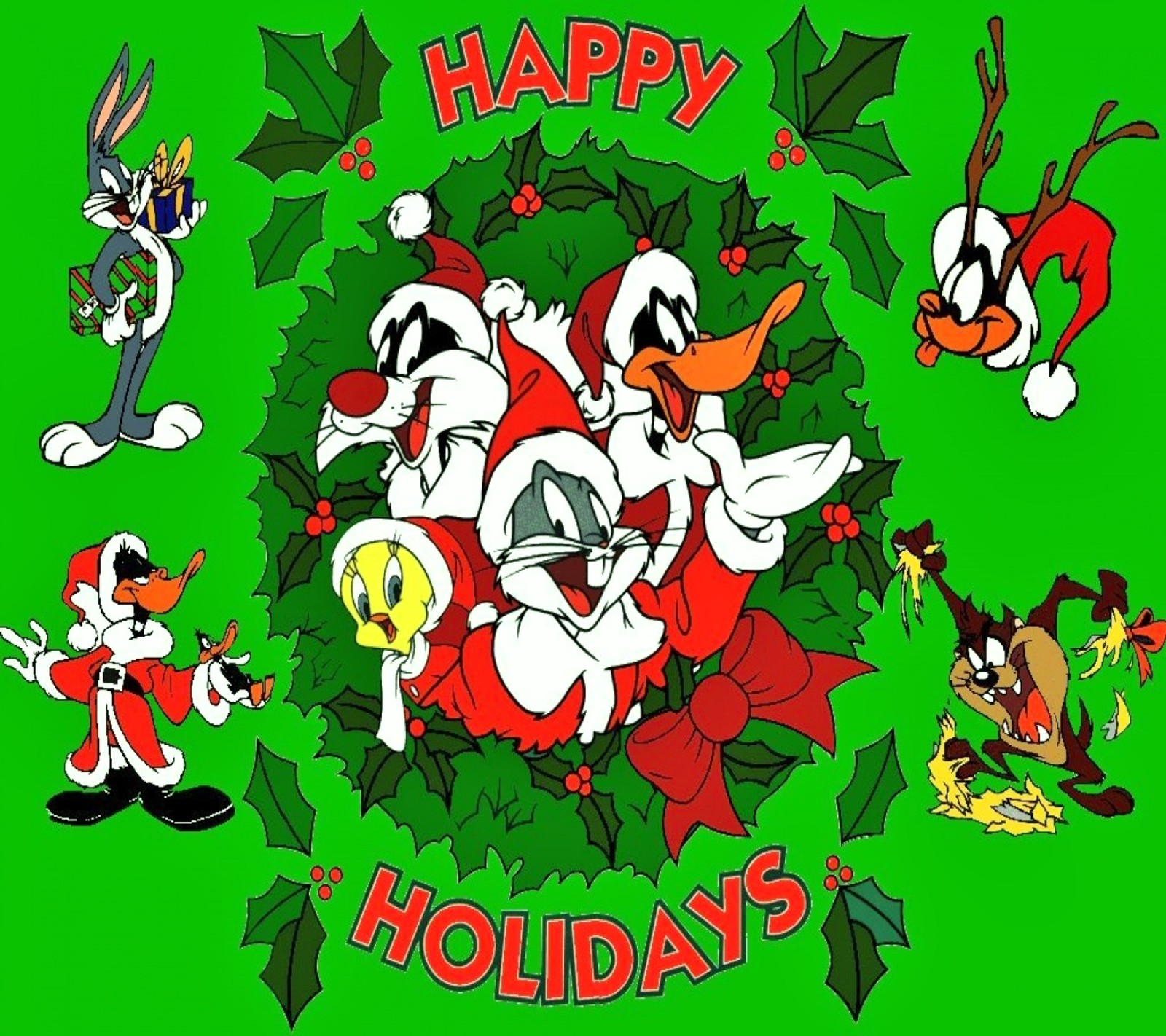 A close up of a cartoon character surrounded by holly leaves (bugs, cartoon, christmas, daffy, holidays)