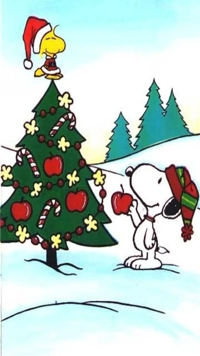 Snoopy und Woodstock feiern Weihnachten am Baum