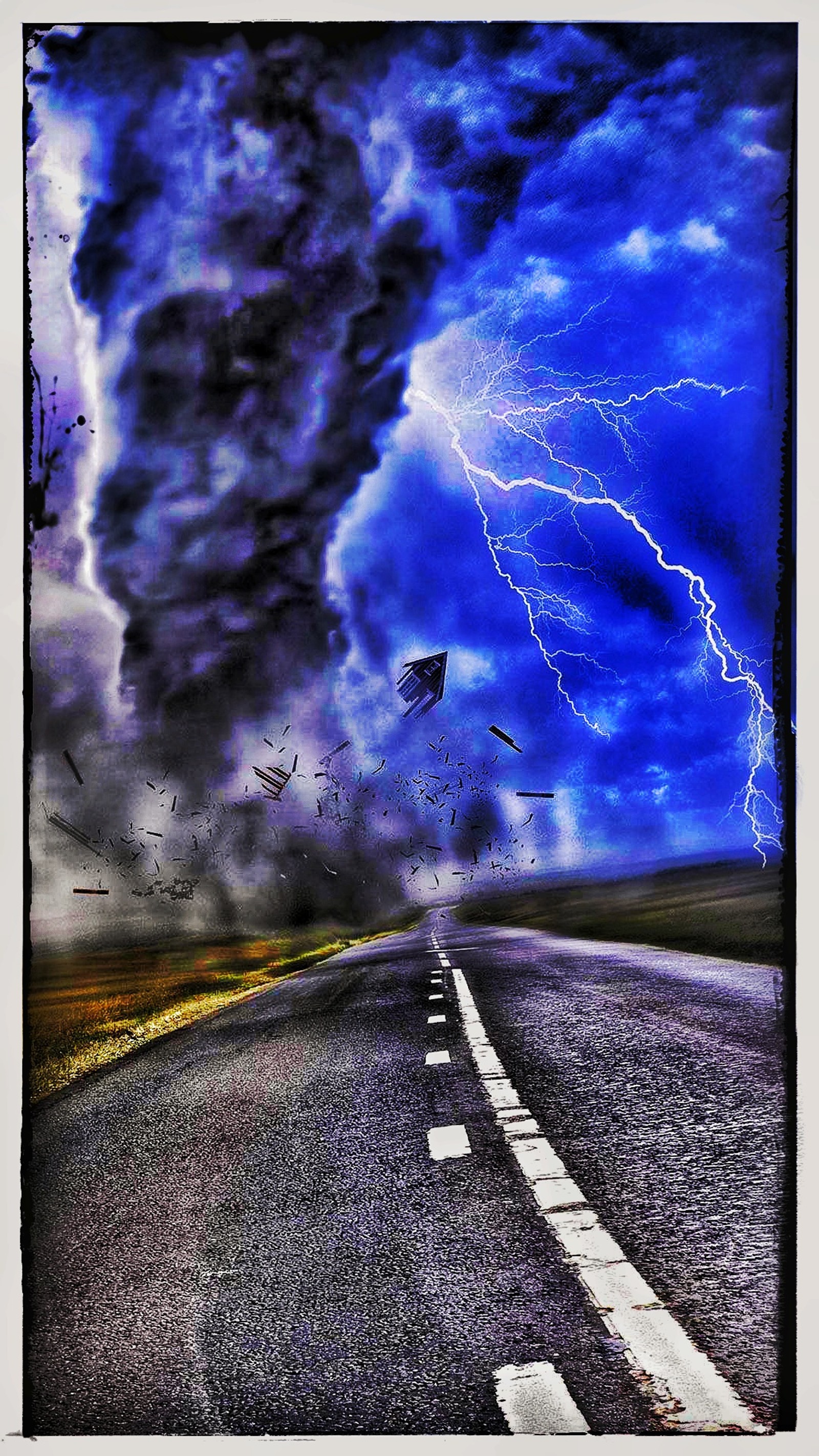 Arafed image of a road with a lightning storm and birds flying in the sky (storms, tornado)