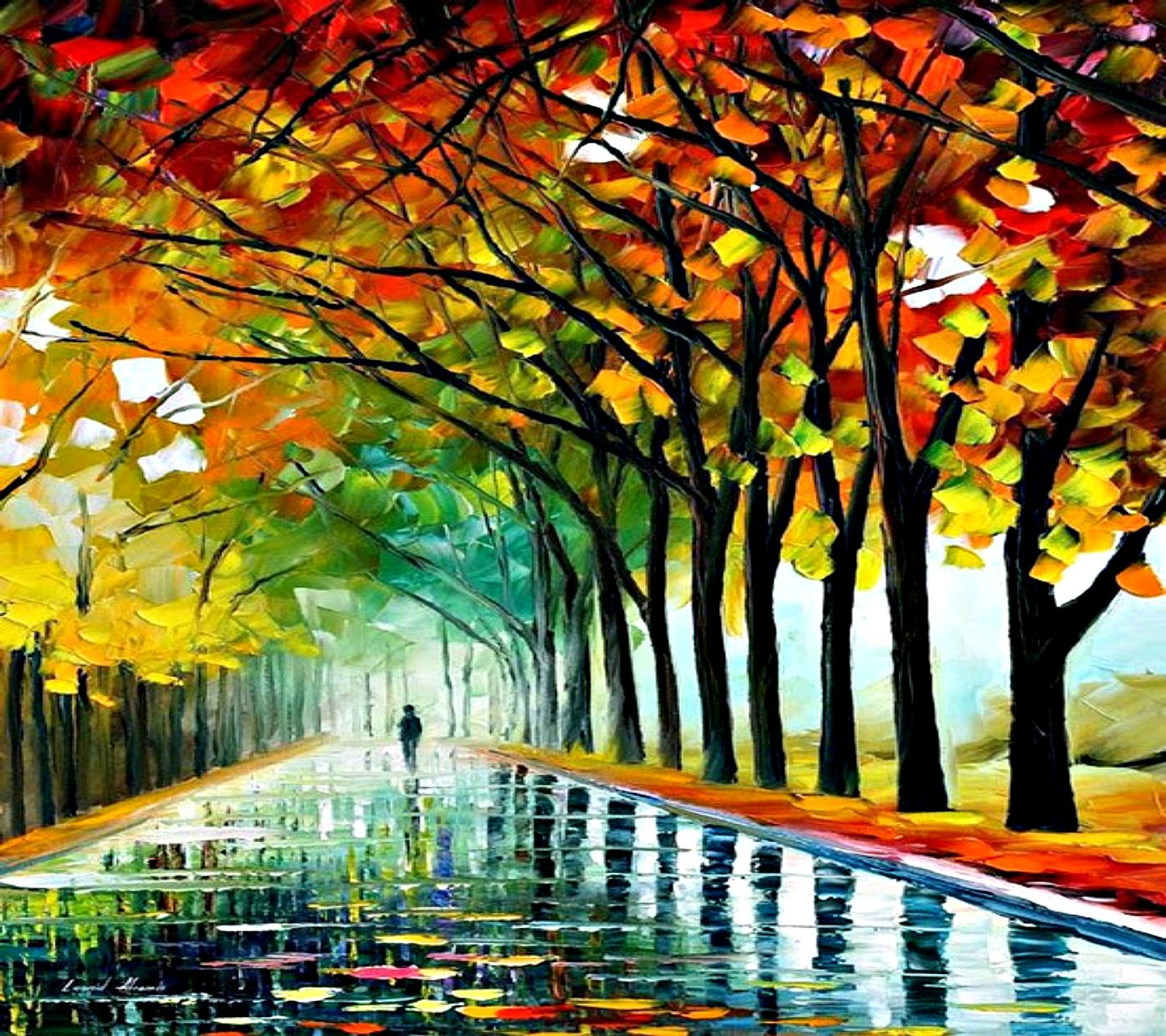 Uma pintura de uma pessoa caminhando por uma estrada na chuva (2012, incrível, bonito, legal, fofo)