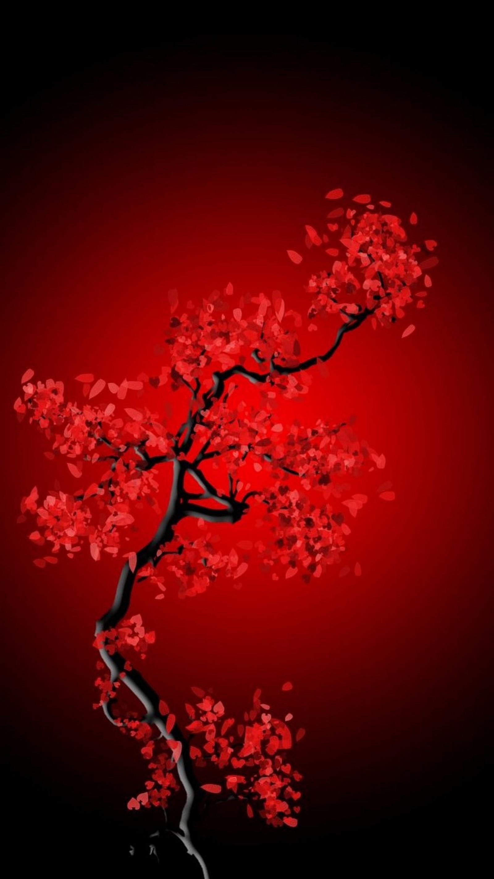 Gros plan d'un arbre rouge avec des feuilles sur un fond noir (noir, fleur, rouge, arbre)