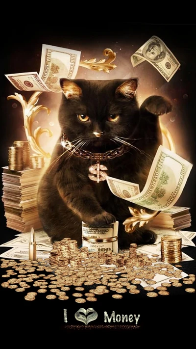 Black Cat Surrounded by Money and Gold