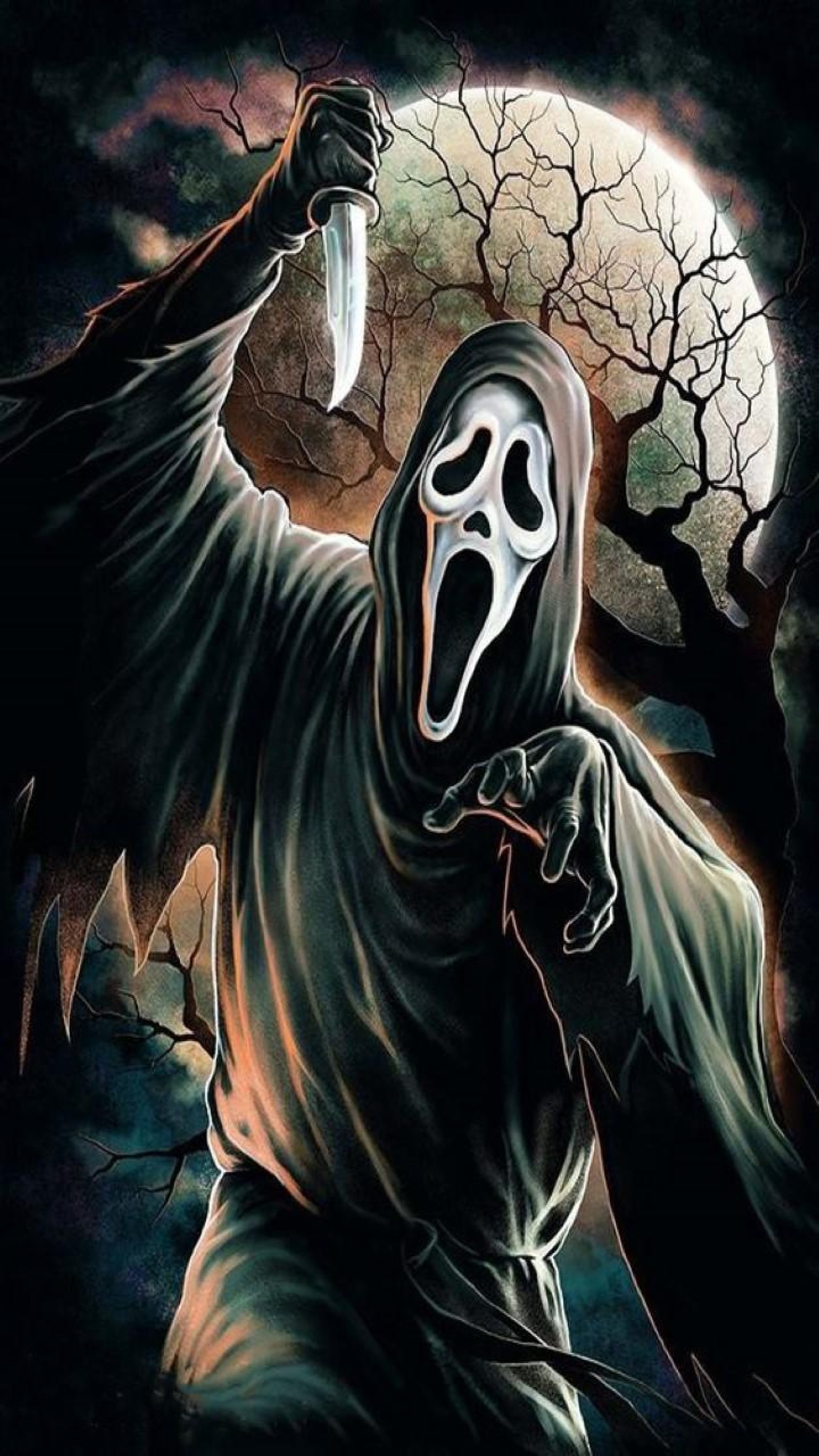 A close up of a person holding a knife in front of a full moon (dark, ghostface from scream)