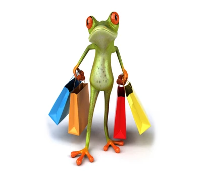 Grenouille 3D portant des sacs de shopping colorés