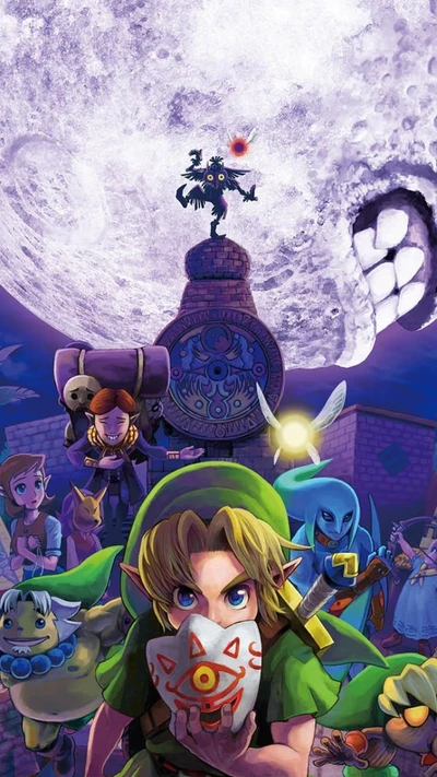 Link y sus aliados enfrentando la amenazante luna en Majora's Mask