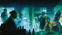 A gritty cyberpunk scene featuring a tense meeting in a neon-lit bar, highlighting characters in futuristic attire with an air of intrigue and danger.